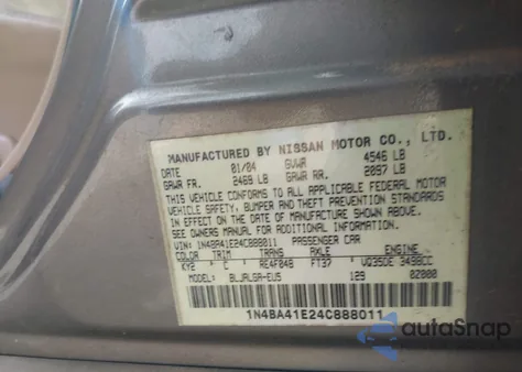 2004 Nissan Maxima 3.5 Sl z USA, uszkodzony, nr VIN 1N4BA41E24C888011